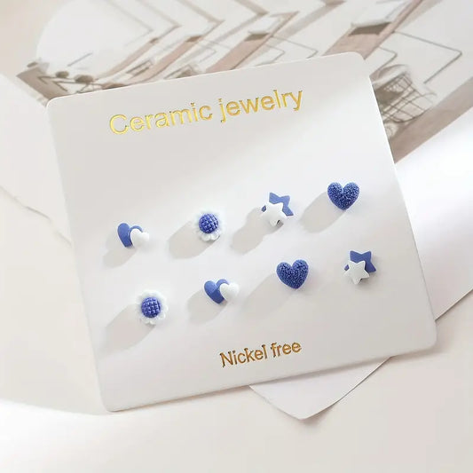 Tiny Stud Earrings Blue Heart Pentagram Design