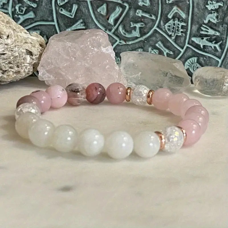 Natural Rose Quartz Pink Opal Cracked Quartz Crystal Charm Bracelet