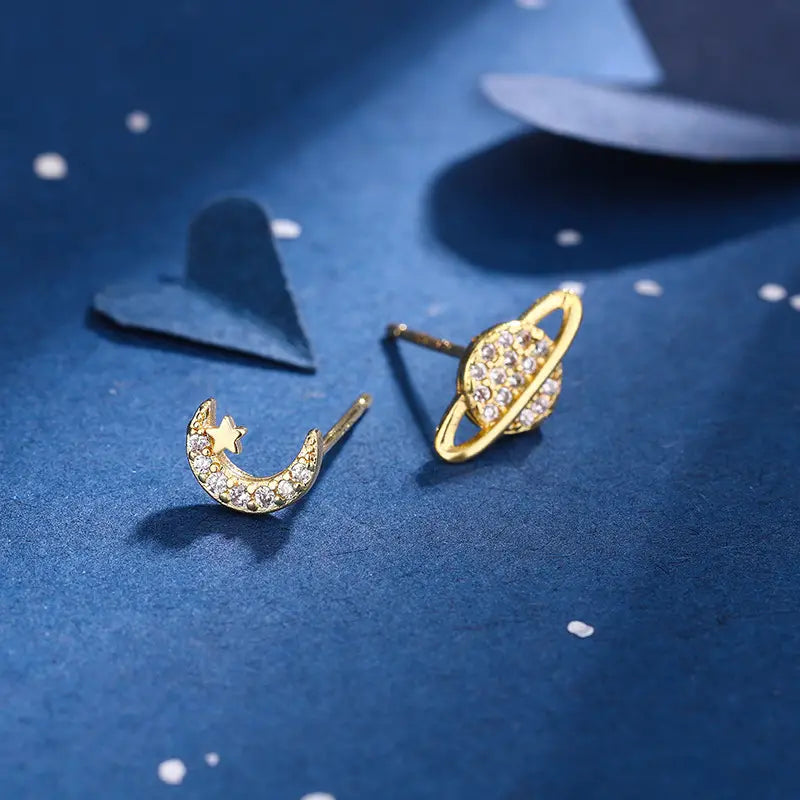 Vintage Chic Asymmetrical Moon & Planet Earrings