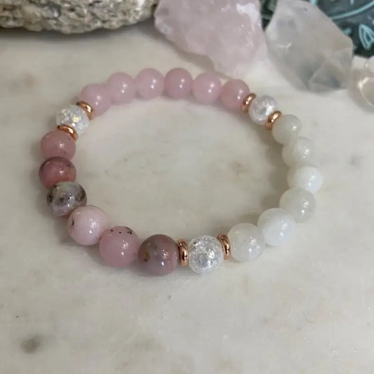 Natural Rose Quartz Pink Opal Cracked Quartz Crystal Charm Bracelet