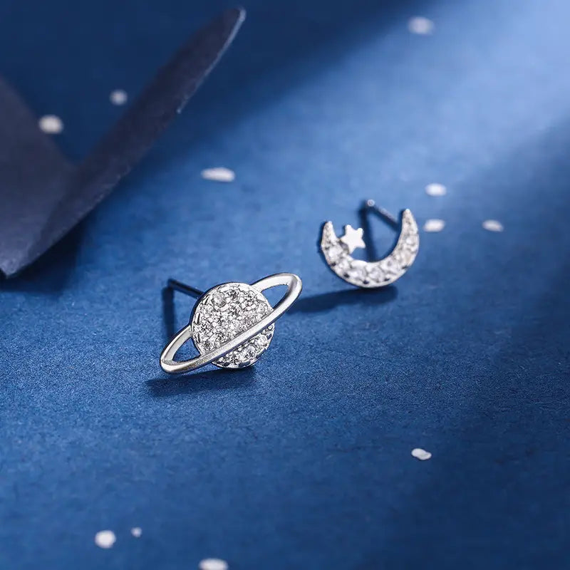 Vintage Chic Asymmetrical Moon & Planet Earrings