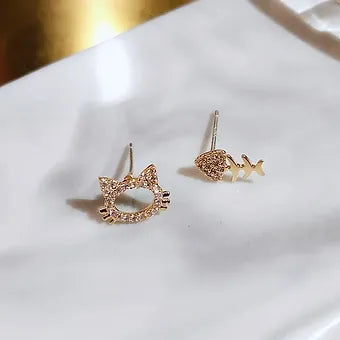 Tiny Asymmetric Cat Fish Bone Design Stud Earrings Alloy