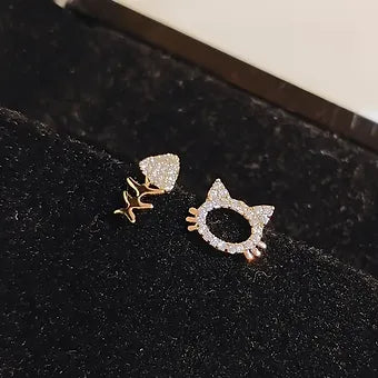 Tiny Asymmetric Cat Fish Bone Design Stud Earrings Alloy