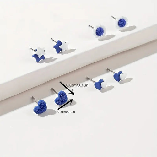 Tiny Stud Earrings Blue Heart Pentagram Design